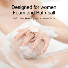 YUMMIS bath ball mesh detail emphasizes luxurious, gentle scrubbing with 2-in-1 design.