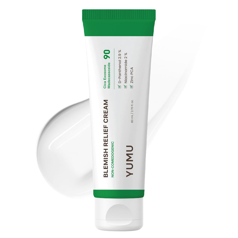 YUMU Cica Exosome Zinc Blemish Relief Cream bottle closeup for soothing oil-free hydration