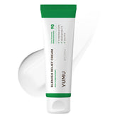 YUMU Cica Exosome Zinc Blemish Relief Cream bottle closeup for soothing oil-free hydration