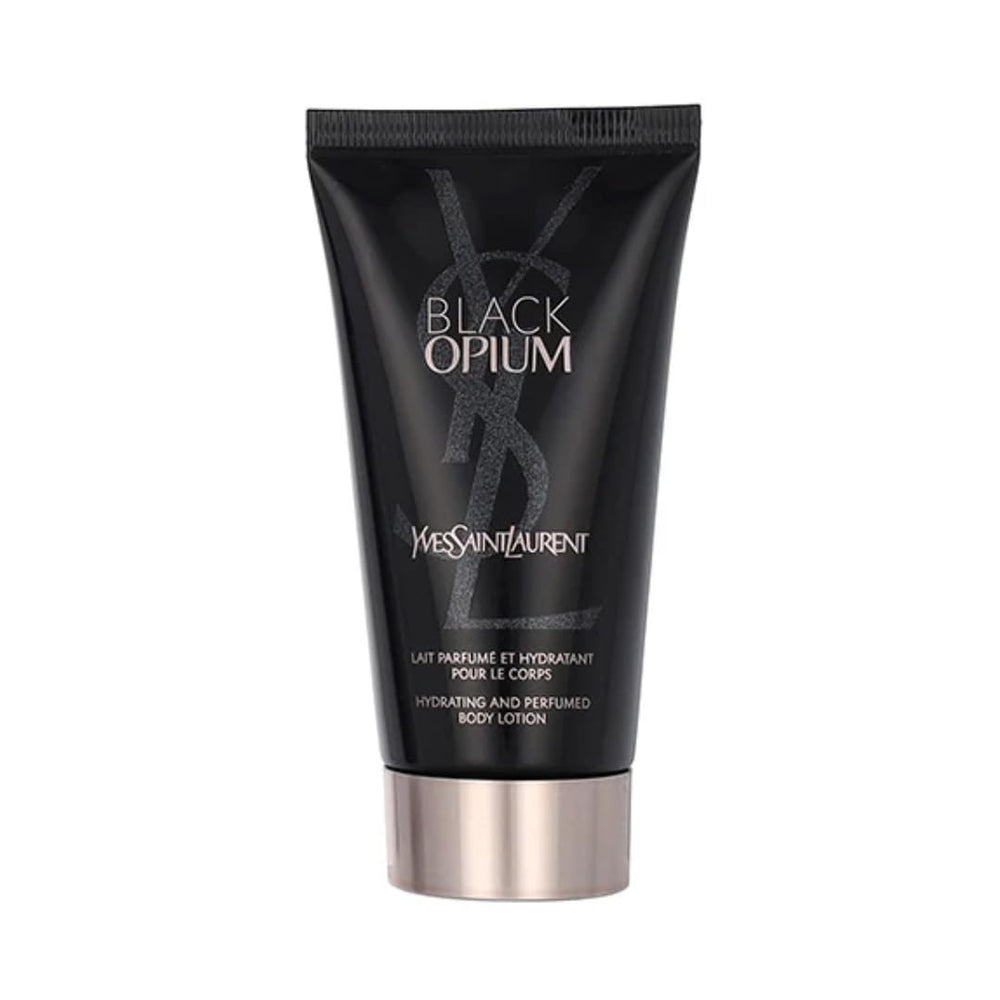 Yves Saint Laurent Black Opium shimmering moisture fluid bottle with subtle iridescent glow on skin