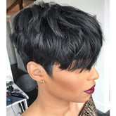 Yviann pixie-cut wig with bangs in 1B shows ready-to-wear versatility.