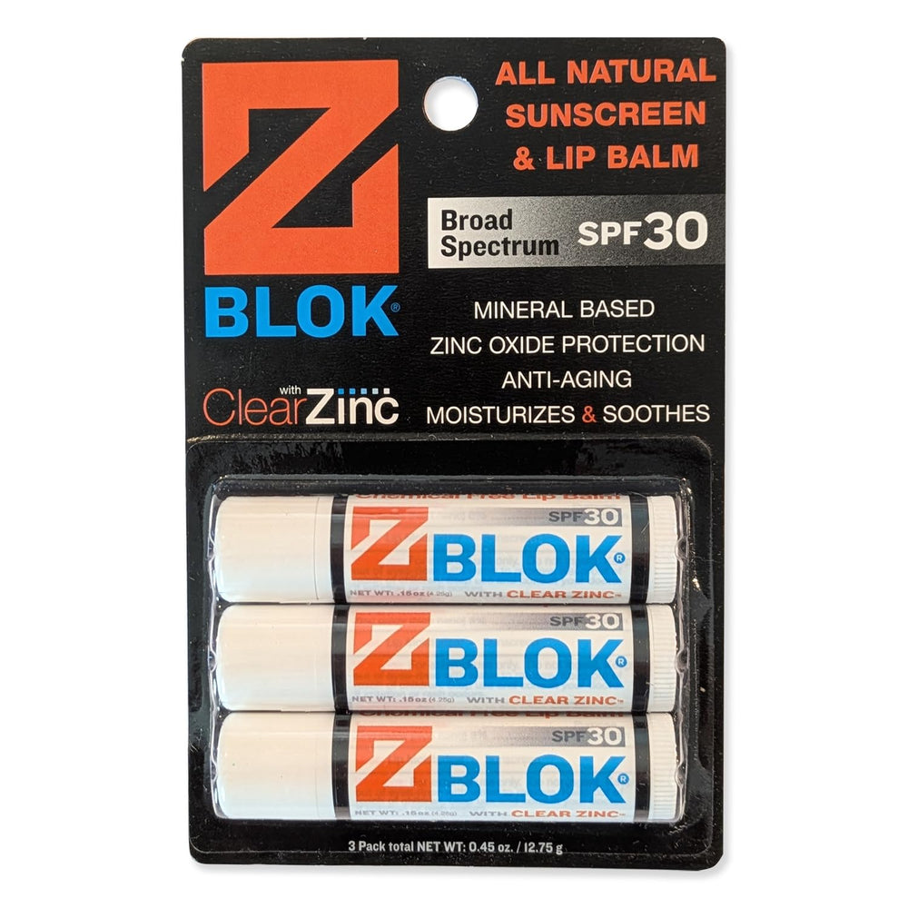 Z Blok Lip Balm SPF 30 tube showing clear zinc oxide for daily lip protection.