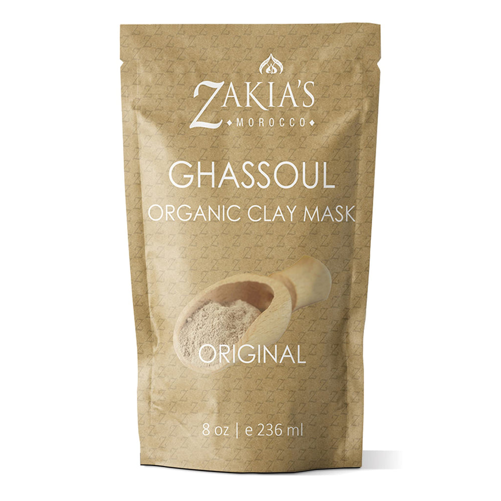 Zakias Morocco Ghassoul clay packaging shows a resealable bag for fresh storage.
