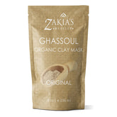 Zakias Morocco Ghassoul clay packaging shows a resealable bag for fresh storage.