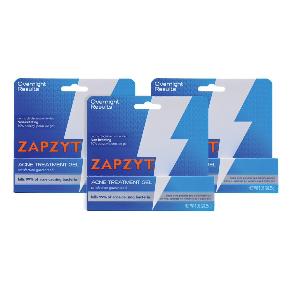 Zapzyt benzoyl peroxide gel tube close-up for targeted acne treatment.