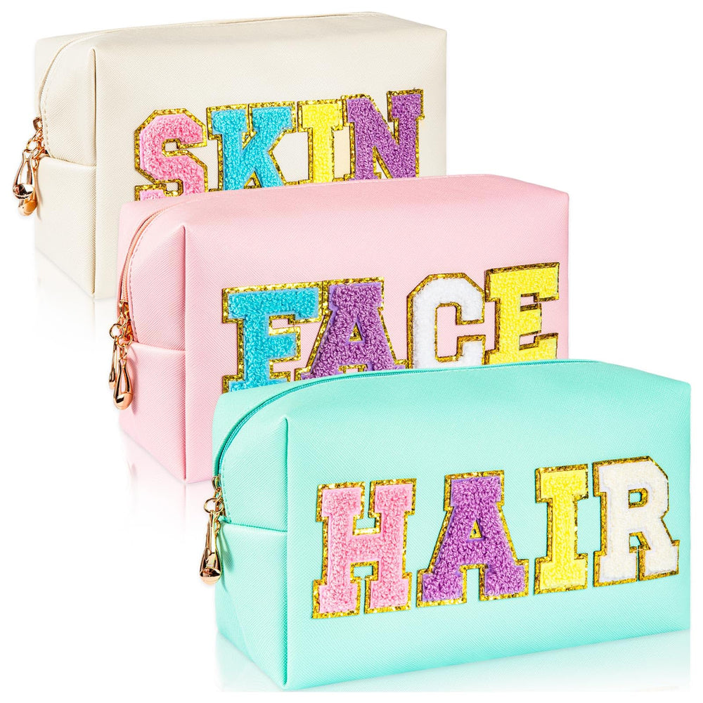 ZAUGONTW preppy patch makeup bag glitter letters organize cosmetics while traveling.