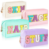 ZAUGONTW preppy makeup bag with glitter chenille letters for organized cosmetics
