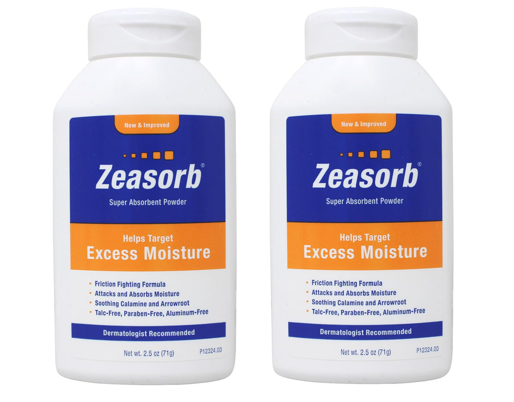 Zeasorb Excess Moisture 2-pack packaging demonstrates moisture control for active use.