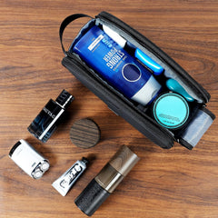 ZEEMO travel toiletry bag inside layout shows multiple pockets for bottles and brushes