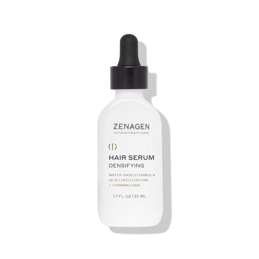 Zenagen Densifying Hair Serum bottle pour for fine hair showing smooth application