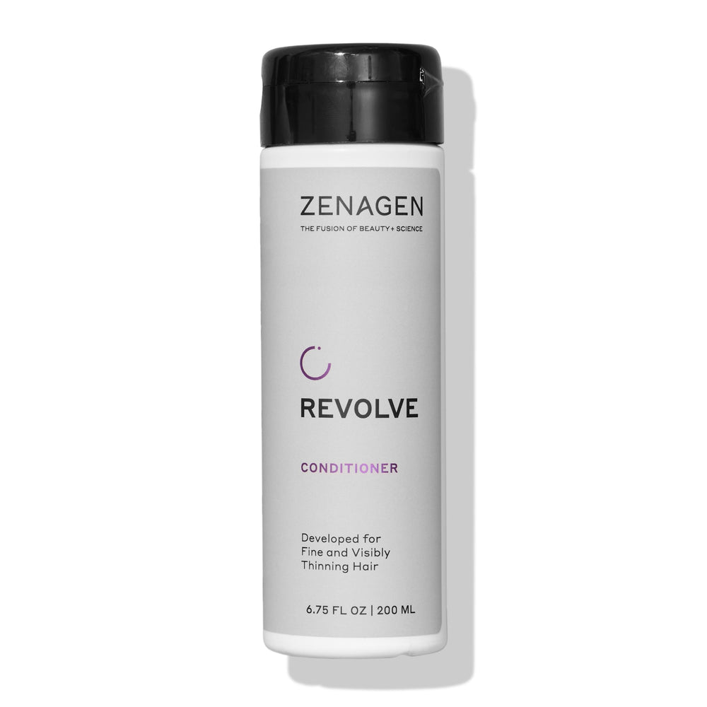 Zenagen Revolve bottle showcases plant-based, color-safe conditioner for scalp support.