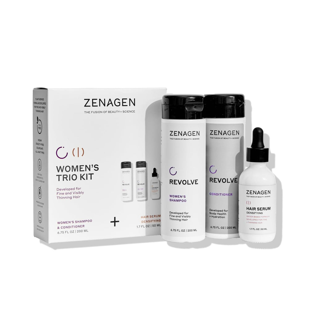 Zenagen Revolve shampoo bottle demonstrates cleansing for fine hair and a fuller look