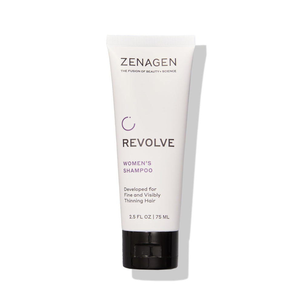 Zenagen Revolve shampoo bottle closeup highlights fuller-look potential for fine hair