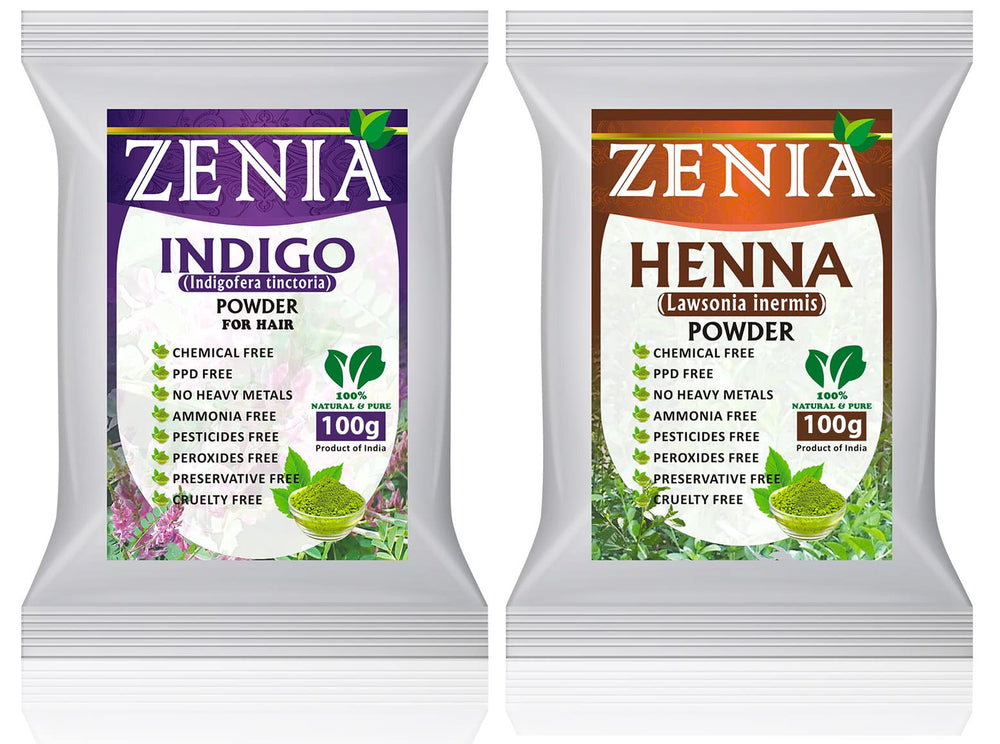 Zenia Indigo-Henna combo pack closeup shows natural hair color options.