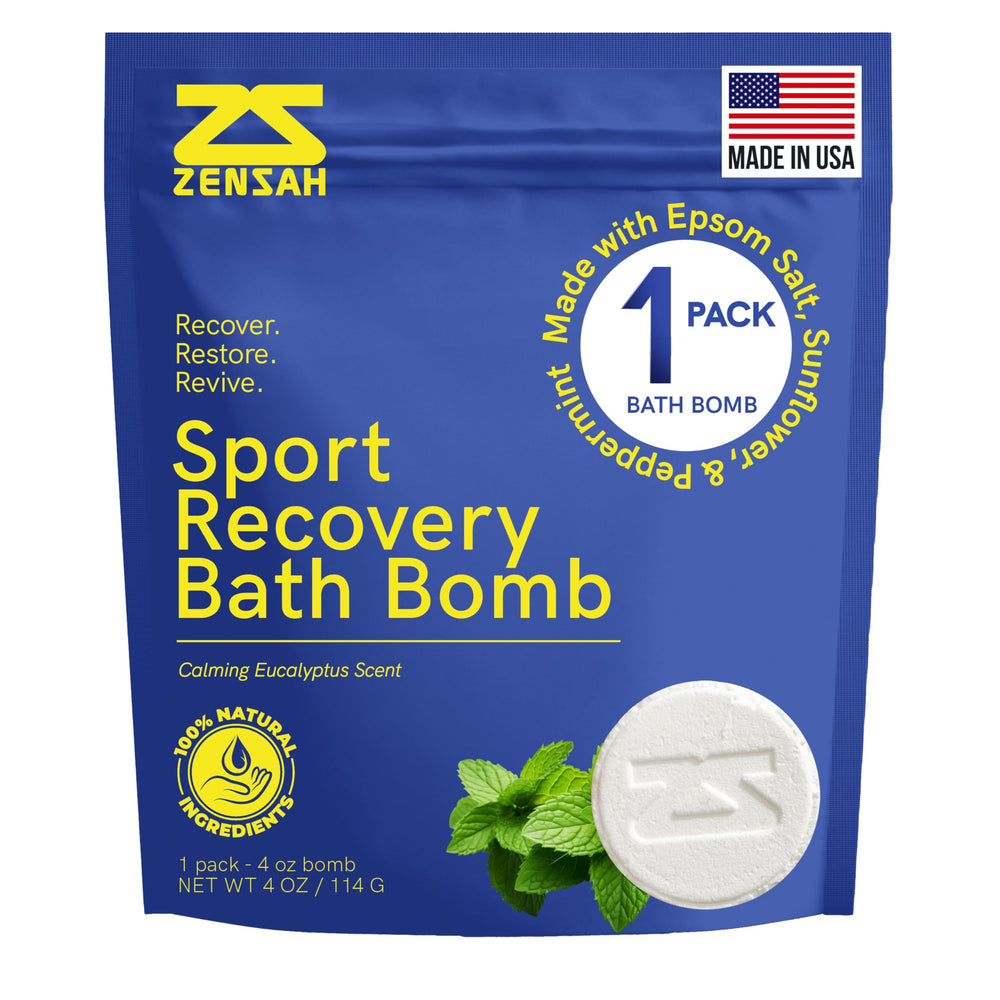 Zensah sport recovery bath bomb packaging highlights magnesium for post-workout relief