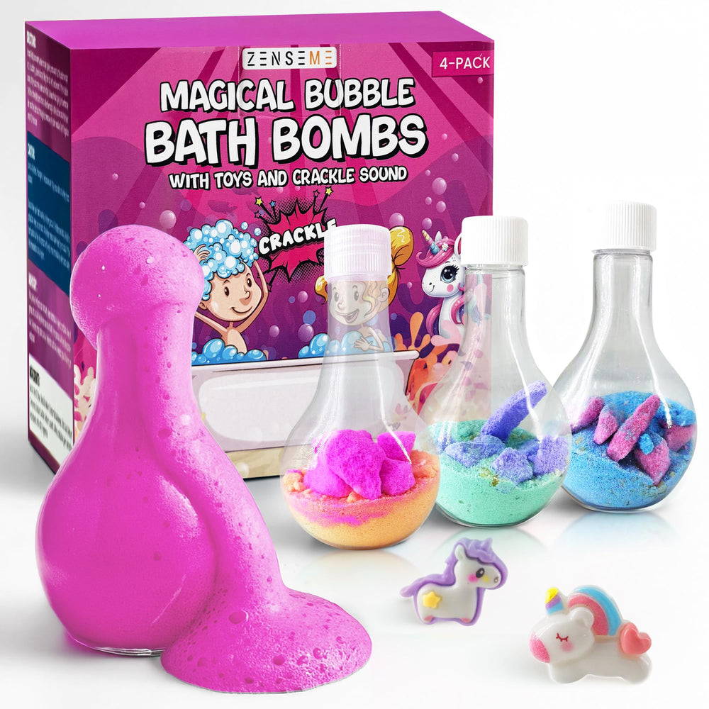ZenseMe kids bath bombs 4-pack gift set with unicorn inside delivering colorful foams.