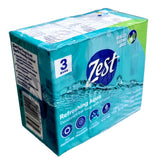 Zest Refreshing Aqua Bars pack of three soaps, Vitamin E for daily freshness and odor control.