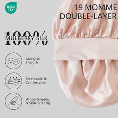 ZIMASILK double-layer silk bonnet pink on bed highlighting luxurious softness.