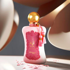 Zimaya Fatima Pink Pour Femme bottle side view suggests lasting sophistication for evening occasions
