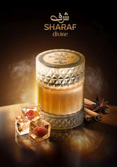 Zimaya Sharaf Divine bottle closeup reveals amber depth and refined finish.