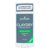 Zion Health Clay Dry Deodorant sandalwood stick close-up highlighting natural minerals for odor control.