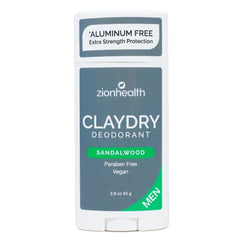 Zion Health Clay Dry Deodorant sandalwood stick close-up highlighting natural minerals for odor control.