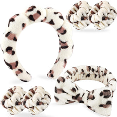 Zkptops spa headband beige leopard close-up showing plush sponge for gentle face washing