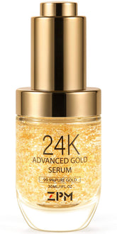 ZPM 24K gold foil serum bottle for radiant hydration and anti-aging benefits.
