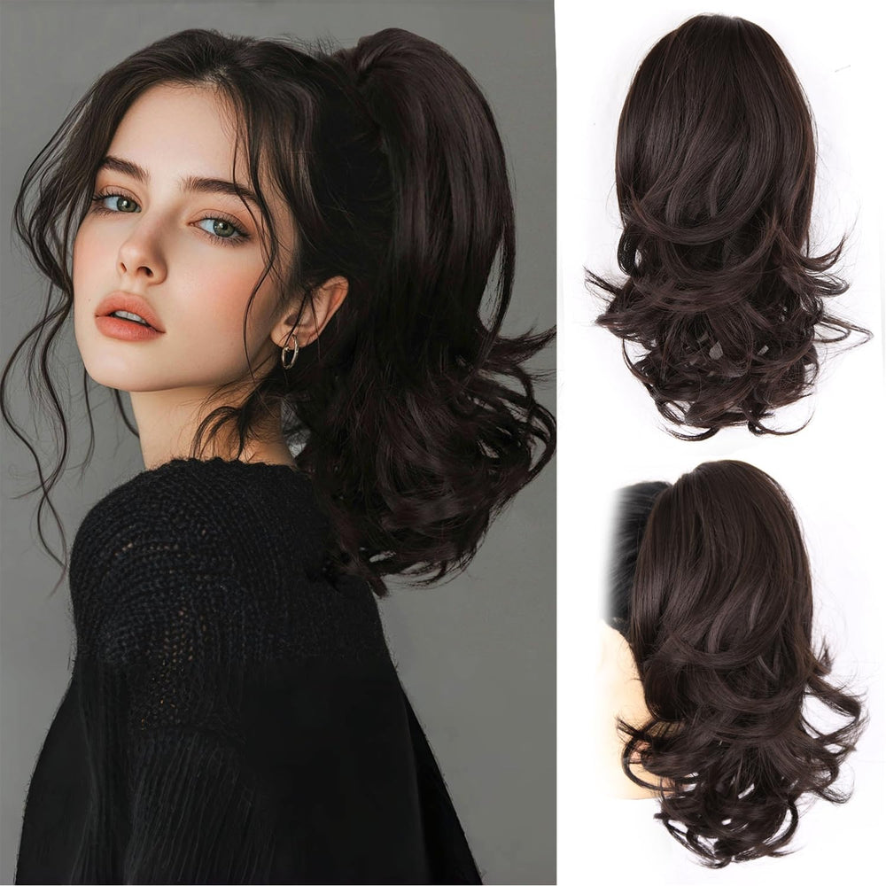 ZQIAN BEAUTY Clip in Ponytail brown 14inch closeup showing easy clip-in hairstyle