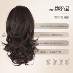 ZQIAN BEAUTY Clip in Ponytail brown 14inch wavy texture for natural volume