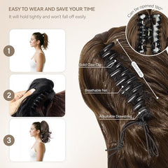 ZQIAN BEAUTY clip-in ponytail extension demonstrating one-step wear