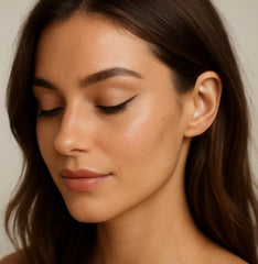 Zuzu Luxe liquid eyeliner application shows smooth glide for clean, long-lasting definition.