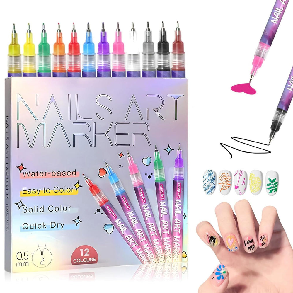 ZWIKAGEF 12 Colors Nail Art Pens Set cap closeup; vibrant hues for precise details.