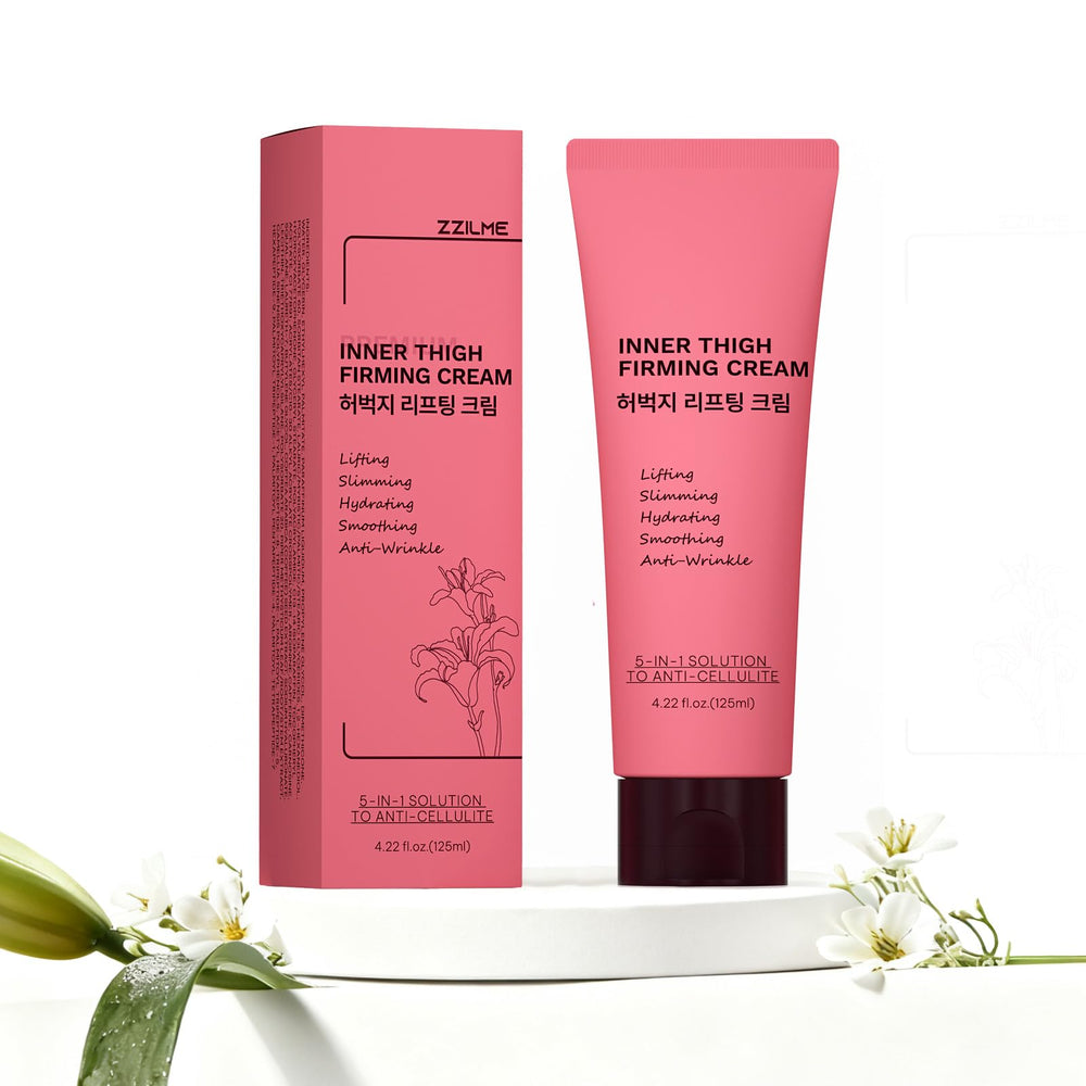 ZZILME inner-thigh-cream jar closeup demonstrates smoothing texture for firmer-looking skin