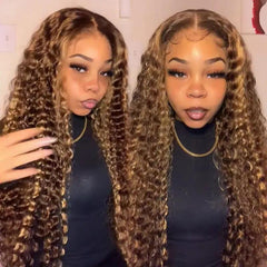 ZZMDS honey blonde deep wave wig closeup for vibrant color and glossy finish