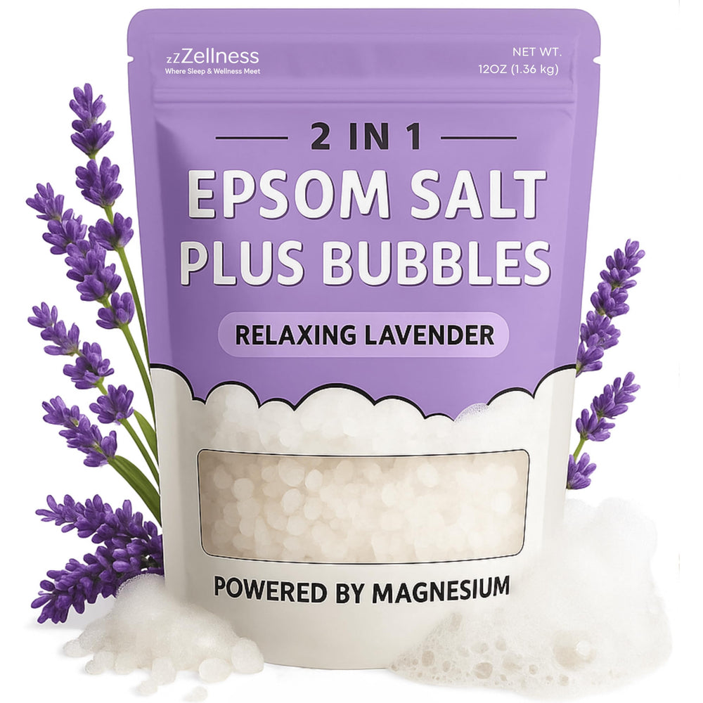 ZZZELLNESS Epsom Salt Plus Bubbles lavender bottle promotes relaxation with calming lavender aroma