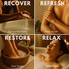 ZZZELLNESS Epsom Salt Plus Bubbles relaxing bathroom scene suggests stress relief rituals