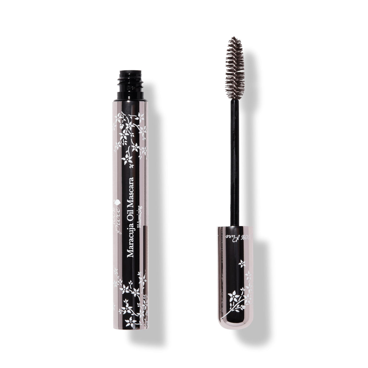 100% PURE Maracuja Oil Mascara tube closeup shows rich dark chocolate pigment.