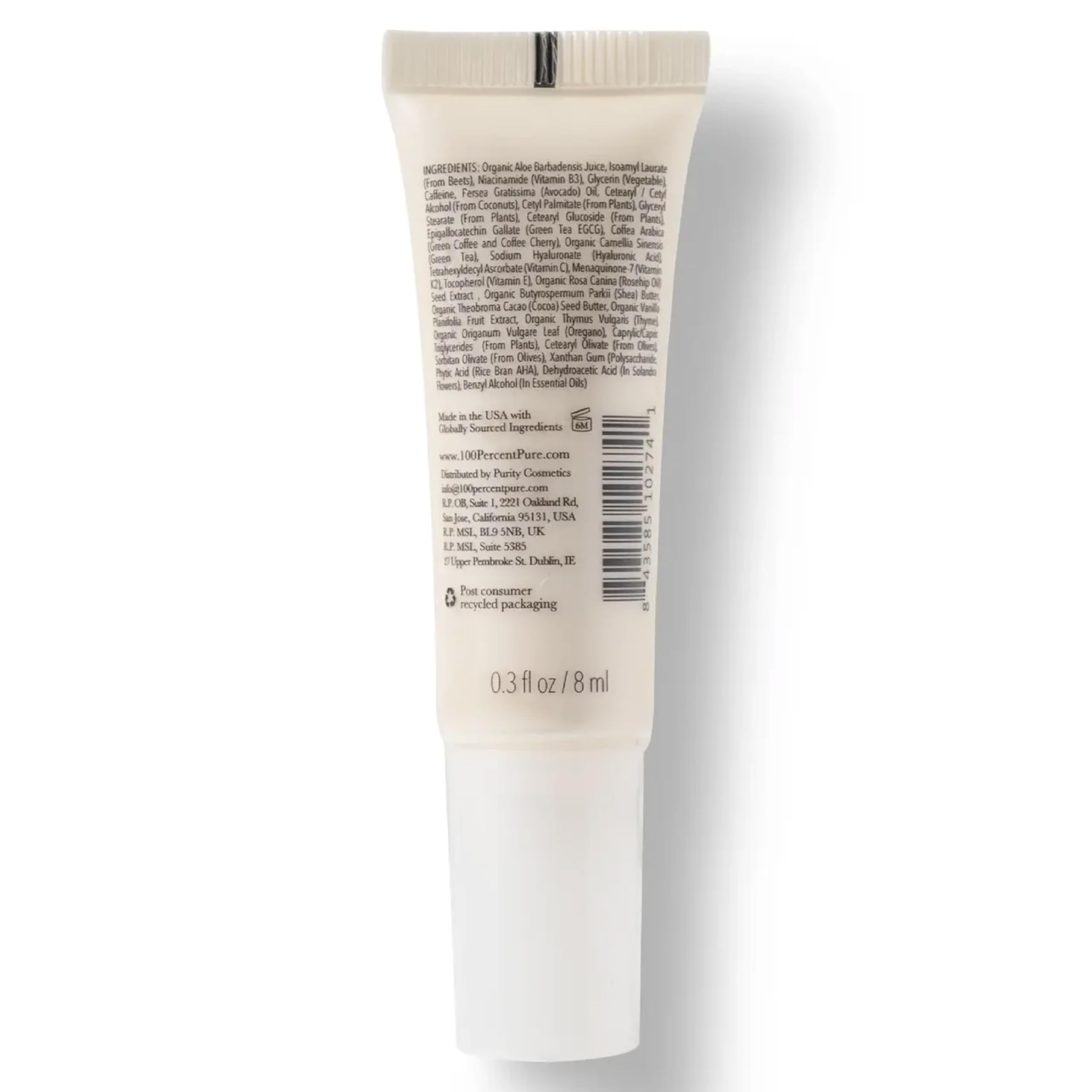 100% PURE 0.3-oz eye cream tube highlighting travel-friendly size for on-the-go.