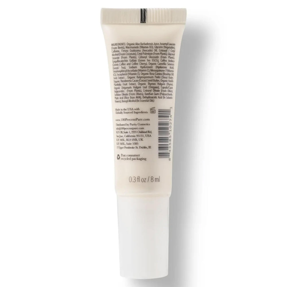 100% PURE 0.3-oz eye cream tube highlighting travel-friendly size for on-the-go.