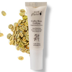 100% PURE coffee bean caffeine eye cream tube showcases sleek packaging for on-the-go hydration.