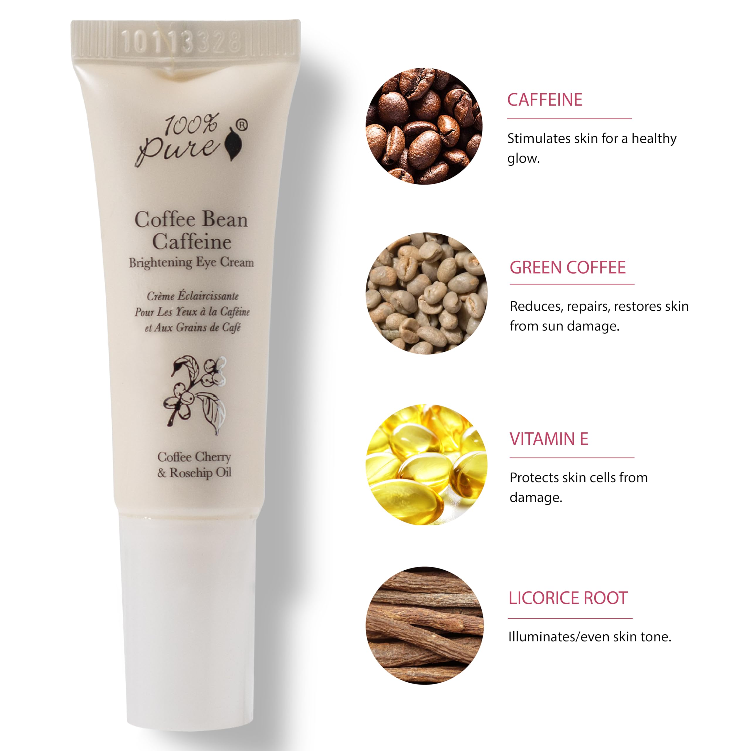 100% PURE eye cream application under-eye showing gentle patting for refreshed look.
