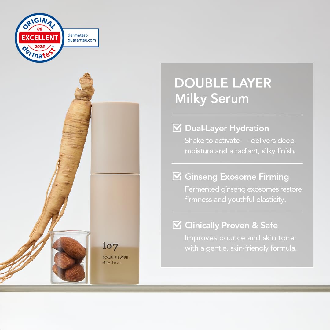 107 Double Layer Milky Serum bottle pour action shows shake activation delivering deep hydration.