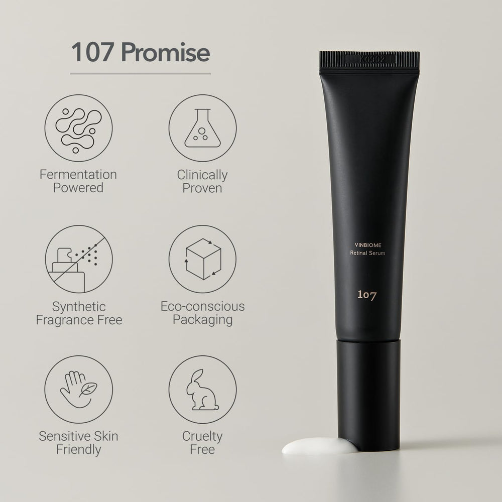 107 VINBIOME Retinal Serum glow shot suggests radiant skin.
