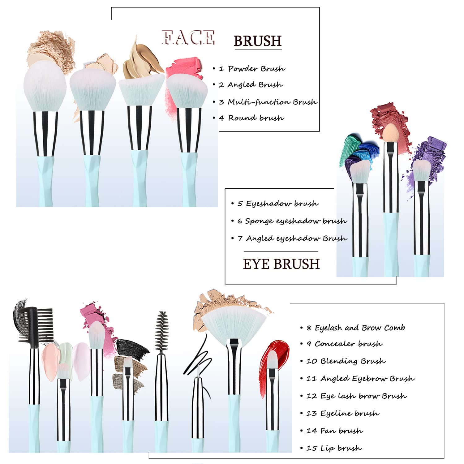 111 pink blue gradient brush collection with 15 pieces for versatile makeup