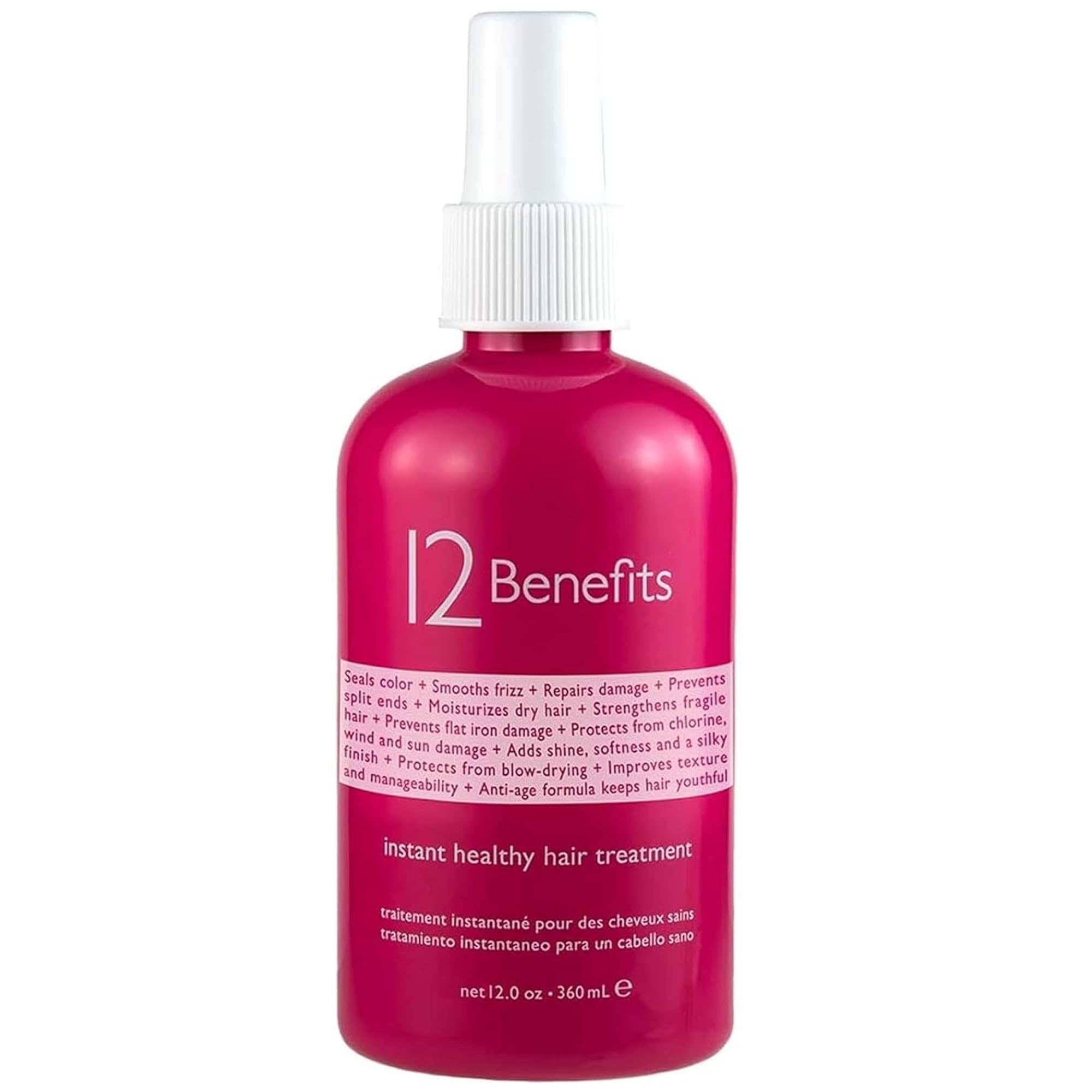 12 Benefits Instant Healthy Hair Treatment bottle front highlights frizz control and shine