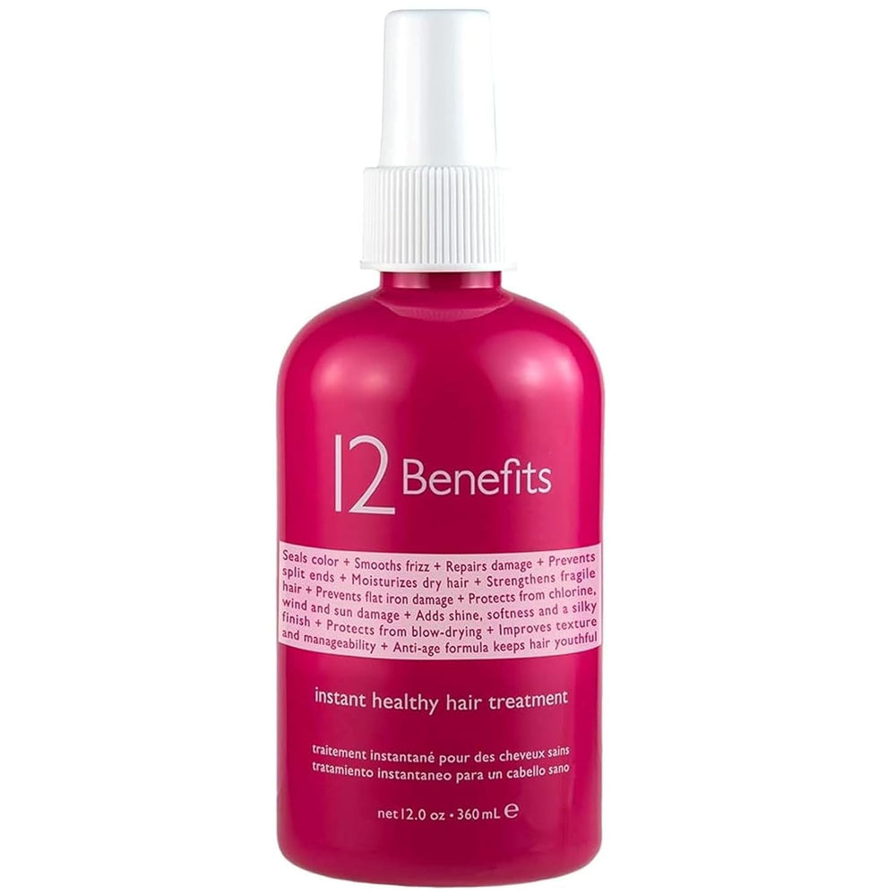 12 Benefits Instant Healthy Hair Treatment bottle front highlights frizz control and shine