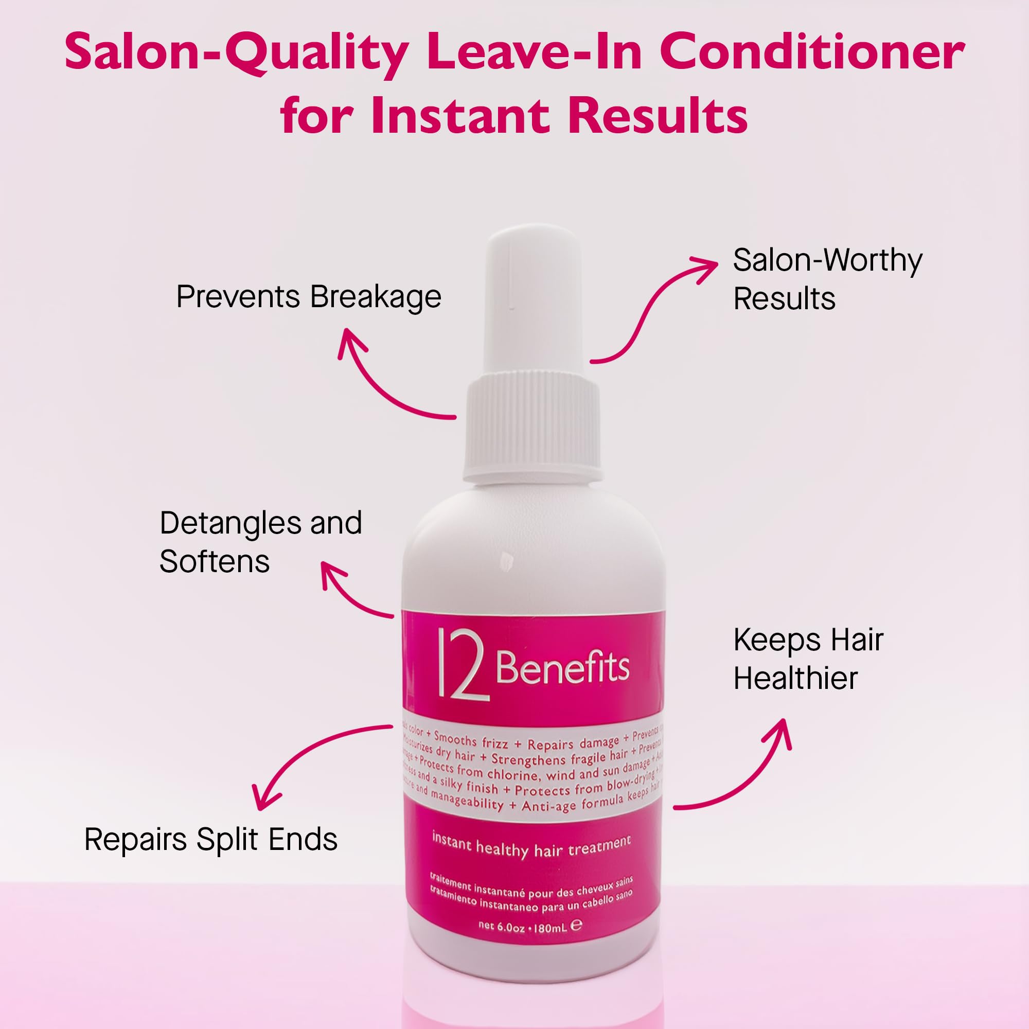 12 Benefits leave-in conditioner bottle-label highlights color protection with Quaternium 39.