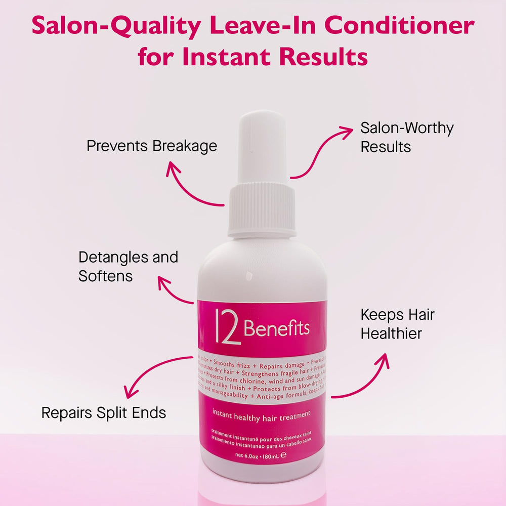 12 Benefits leave-in conditioner bottle-label highlights color protection with Quaternium 39.