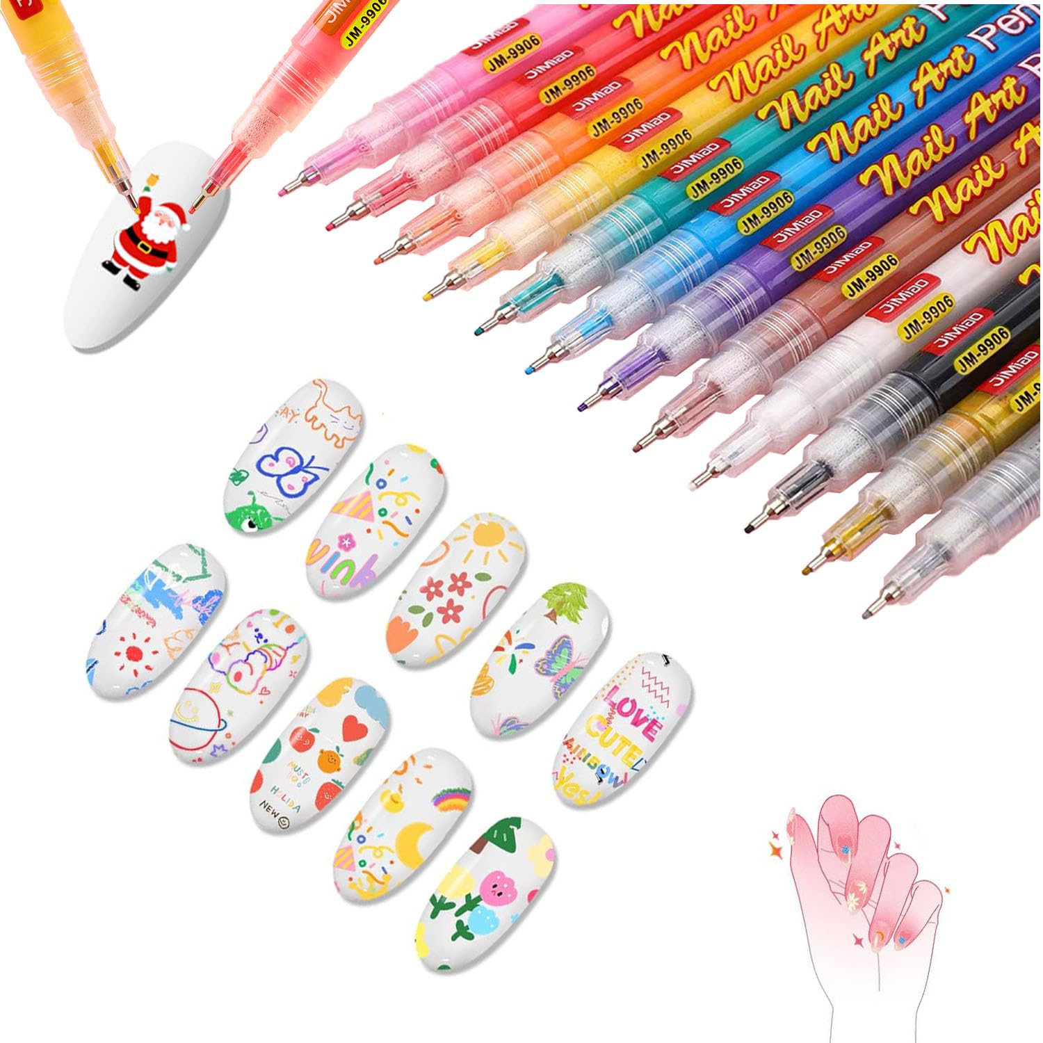 12 Colors Nail Art Pens Set precision tip close-up for fine line detailing.